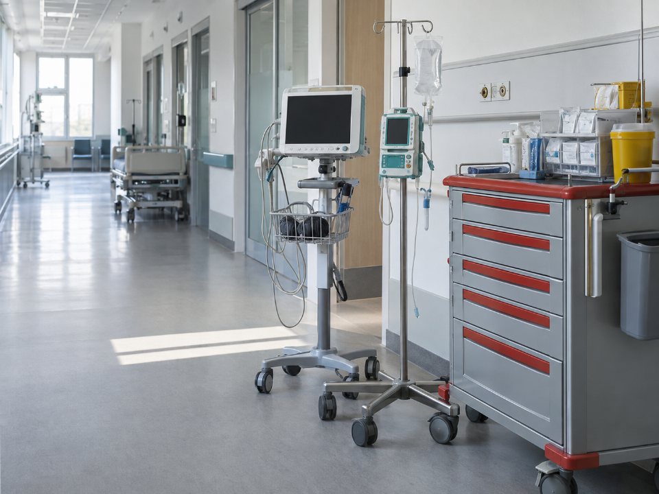 Korytarz oddziału szpitalnego z kardiomonitorem na statywie i wózkiem reanimacyjnym przy ścianie